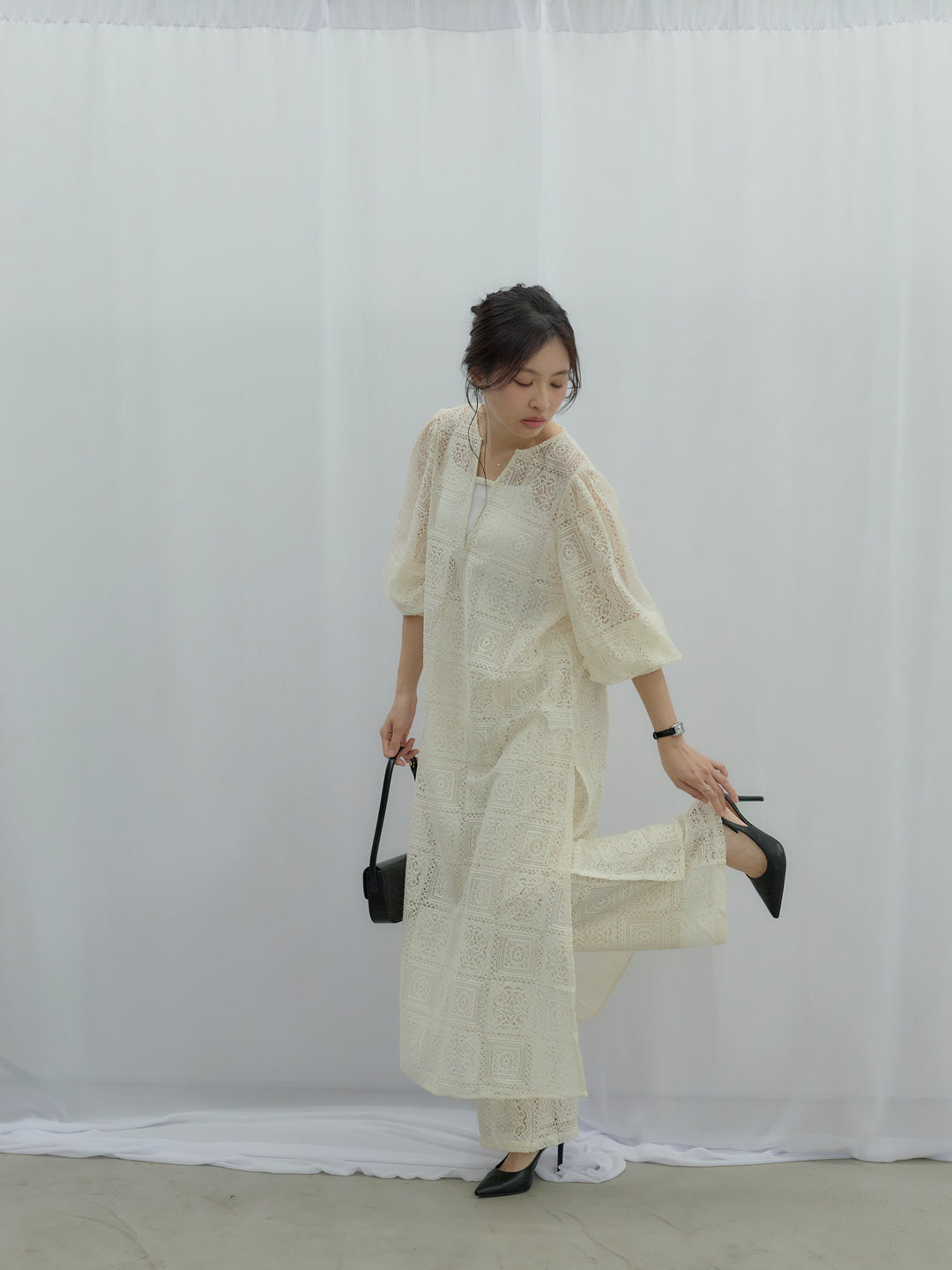 ブロックレースサイドスリットワンピース