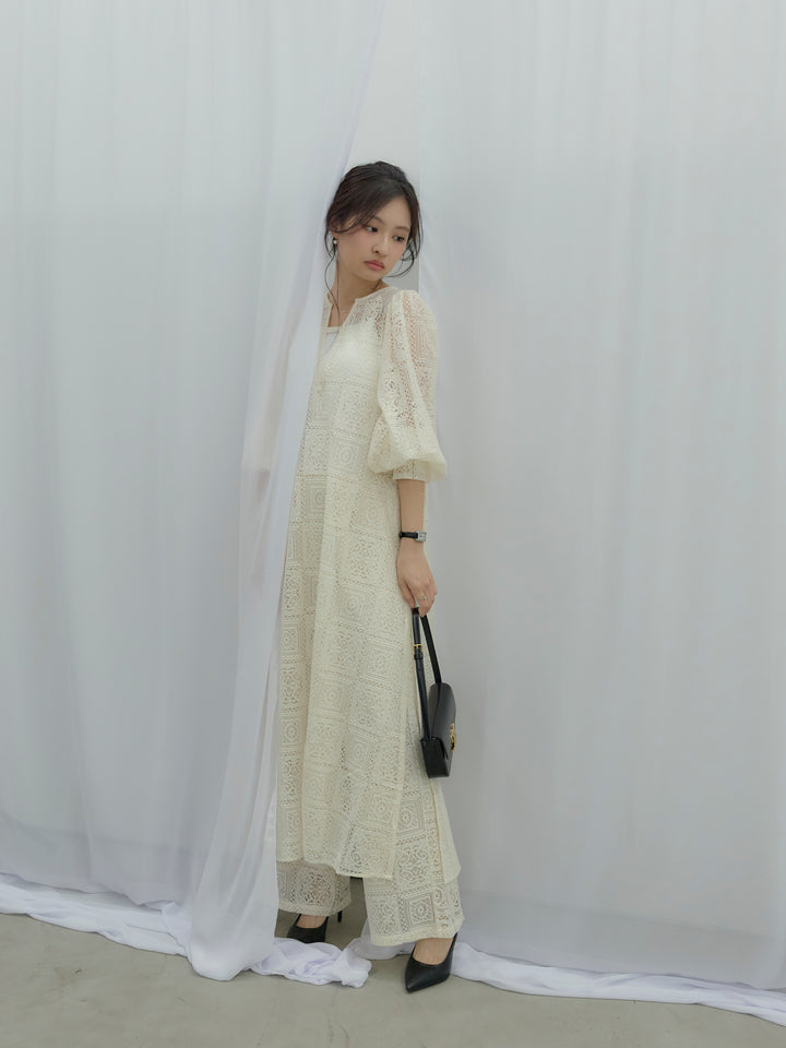 ブロックレースサイドスリットワンピース