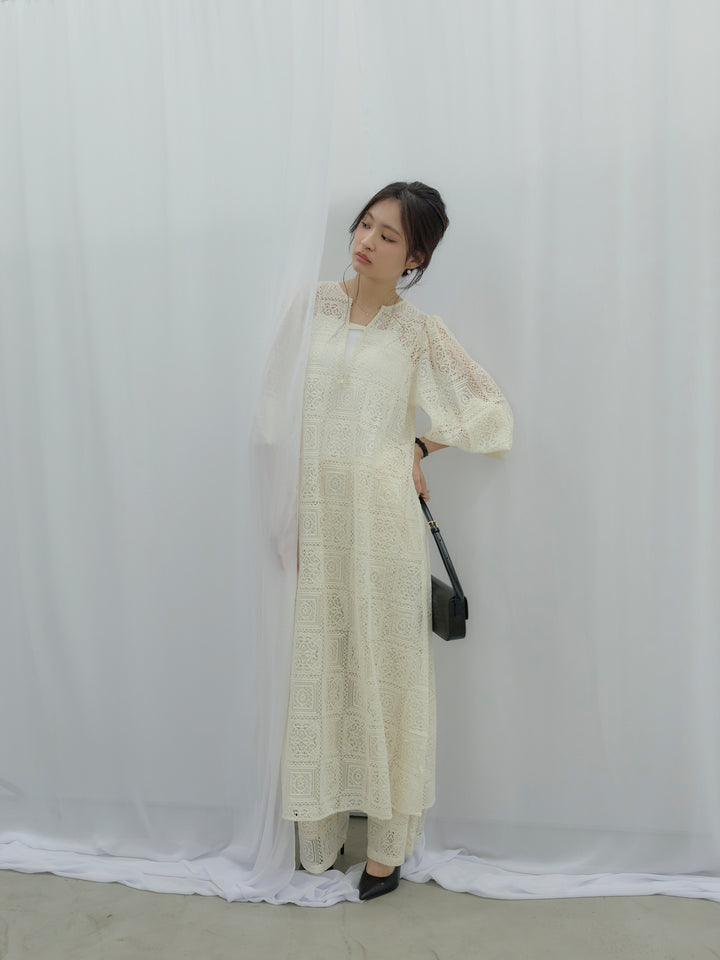 ブロックレースサイドスリットワンピース
