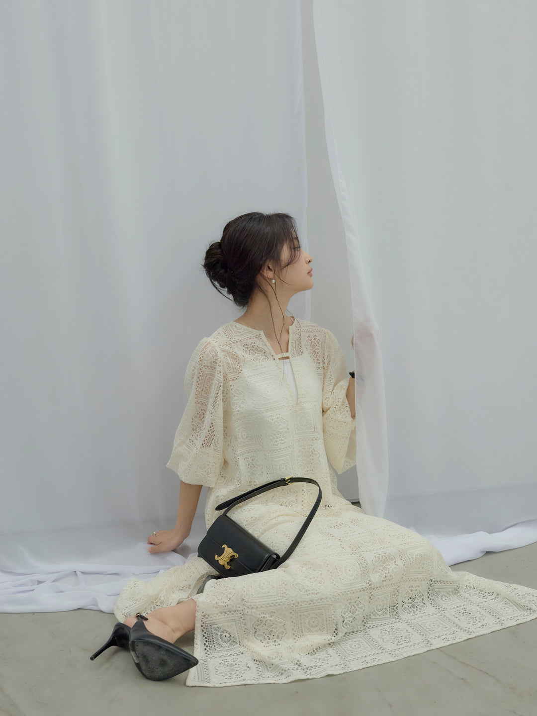 ブロックレースサイドスリットワンピース