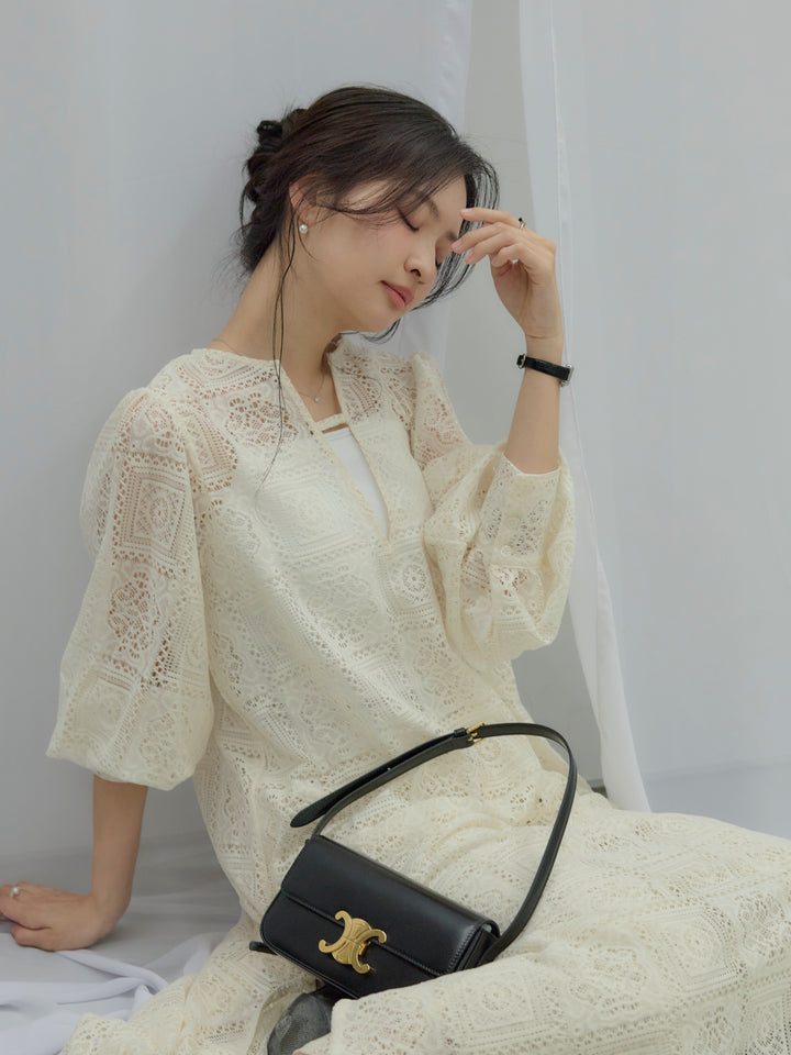 ブロックレースサイドスリットワンピース