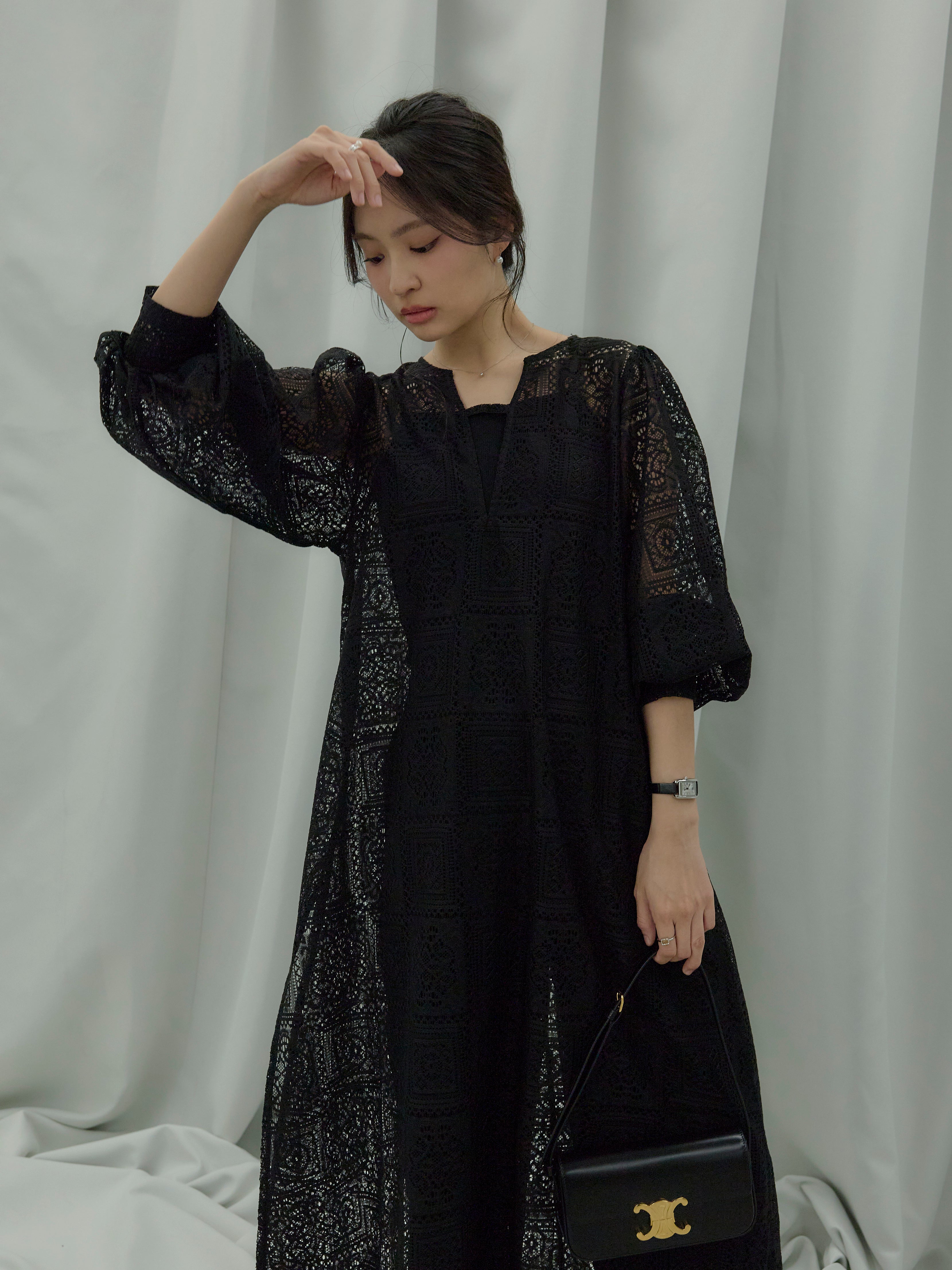 SET】ブロックレースサイドスリットワンピース+ブロックレース