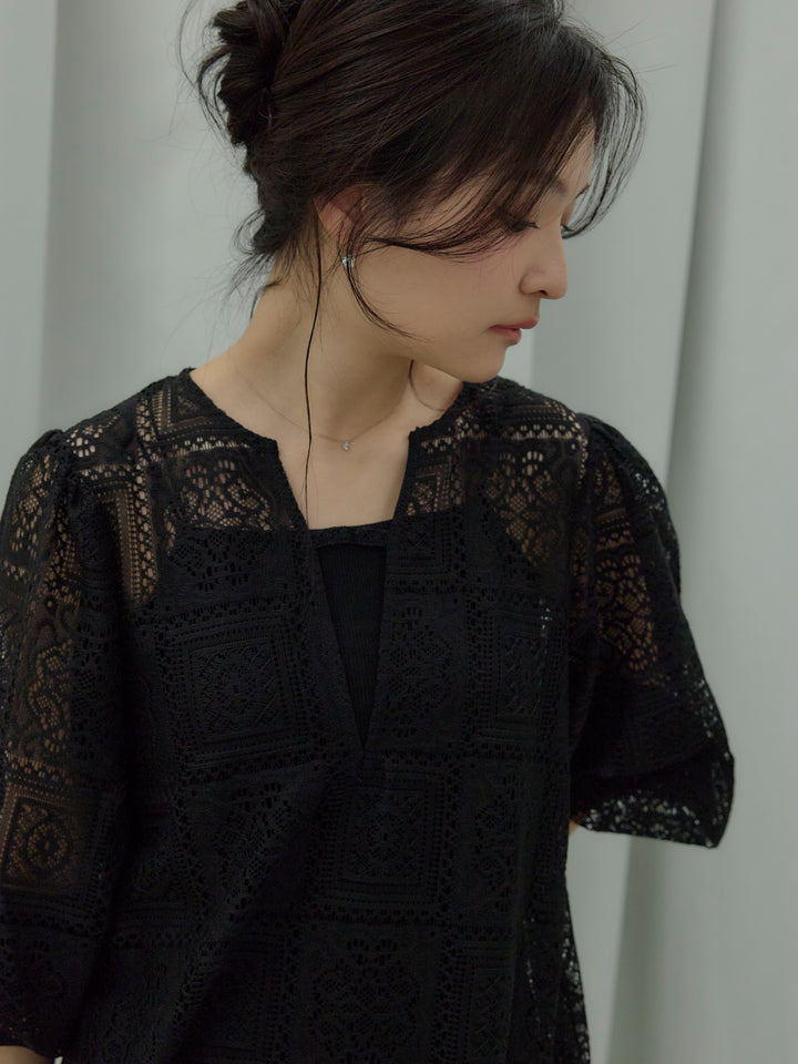 ブロックレースサイドスリットワンピース