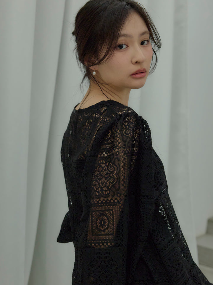 ブロックレースサイドスリットワンピース