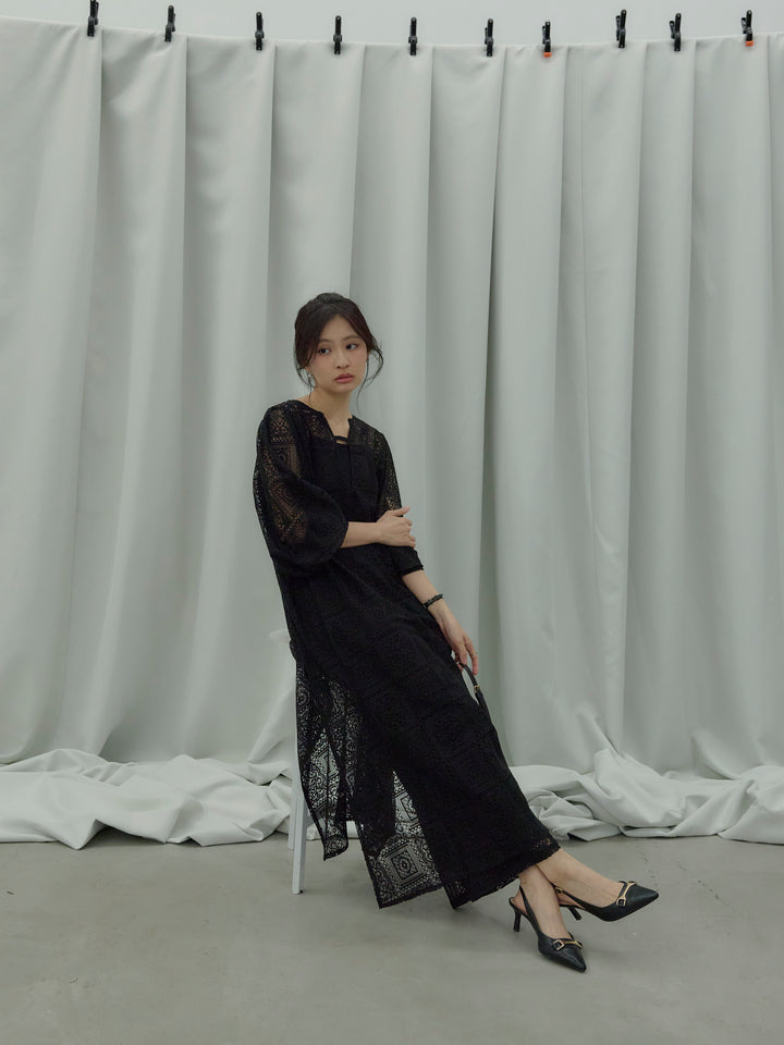 ブロックレースサイドスリットワンピース