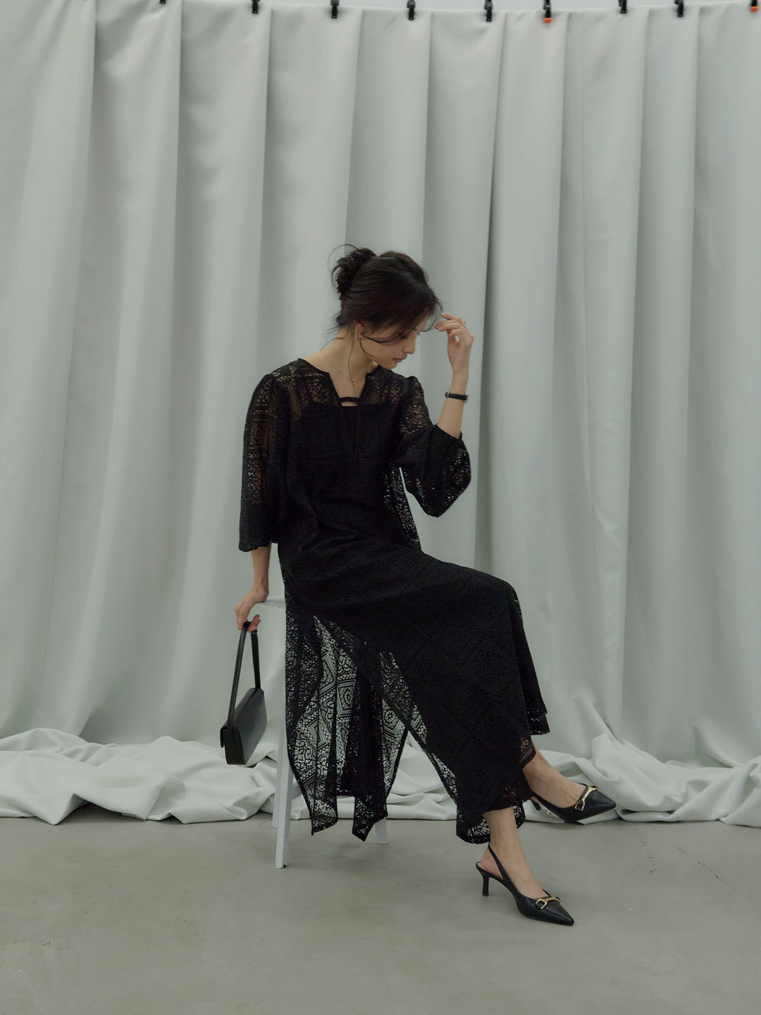 ブロックレースサイドスリットワンピース