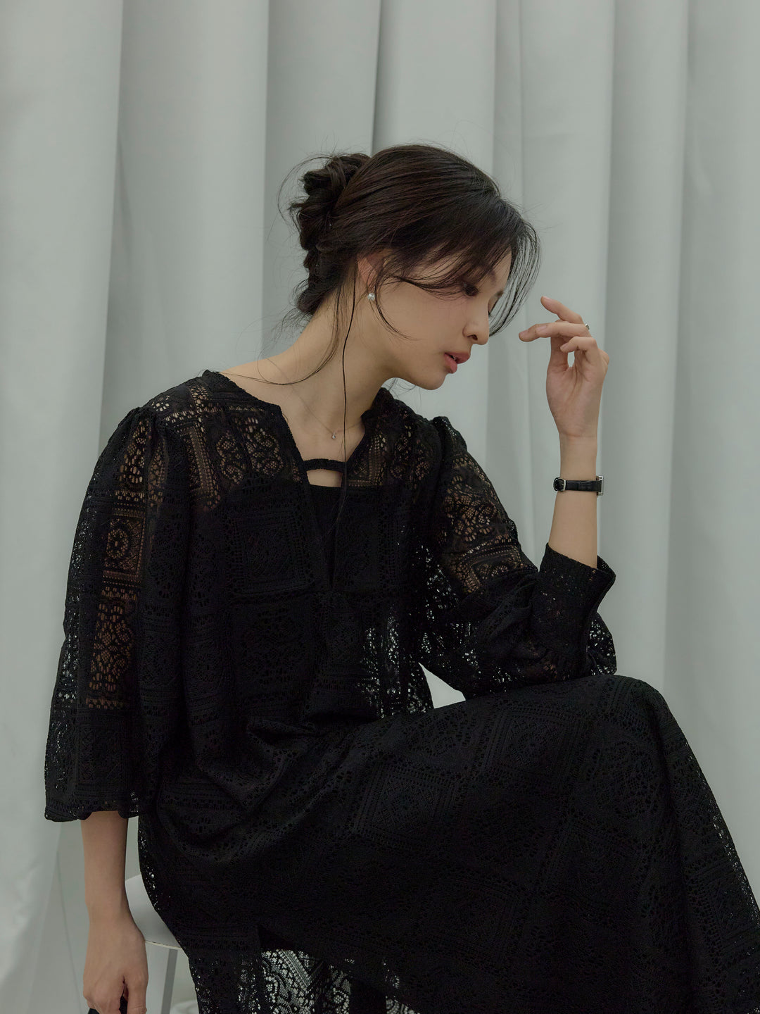 ブロックレースサイドスリットワンピース