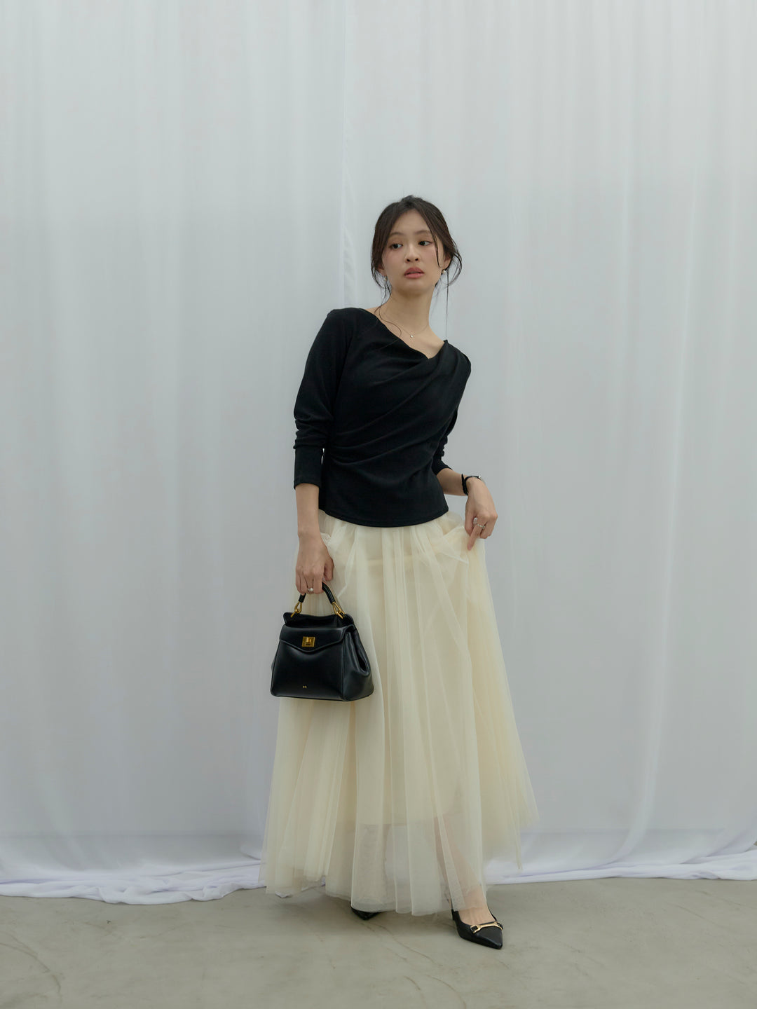 【SET】ドレープデザインカットソー+ボリュームチュールスカート(2set)