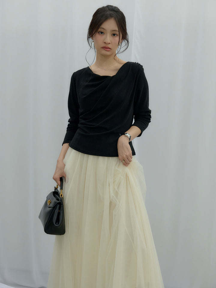 【SET】ドレープデザインカットソー+ボリュームチュールスカート(2set)