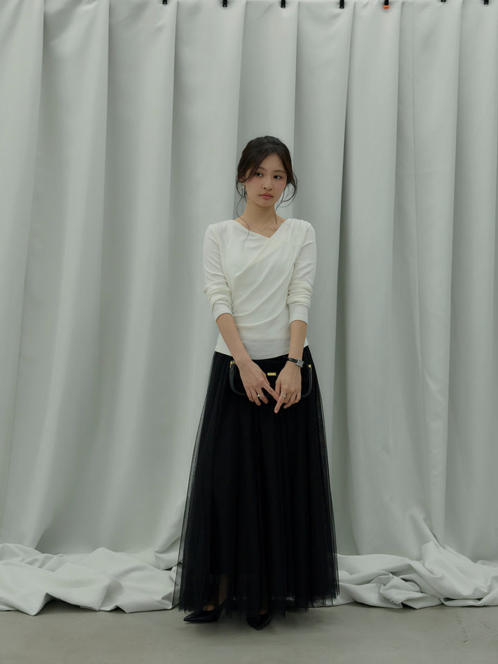 【SET】ドレープデザインカットソー+ボリュームチュールスカート(2set)