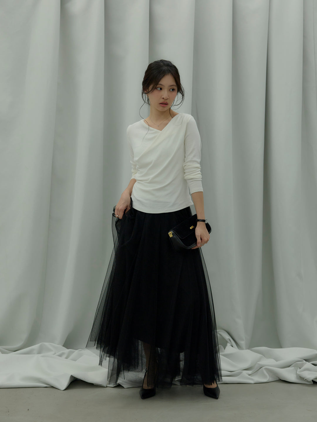 【SET】ドレープデザインカットソー+ボリュームチュールスカート(2set)