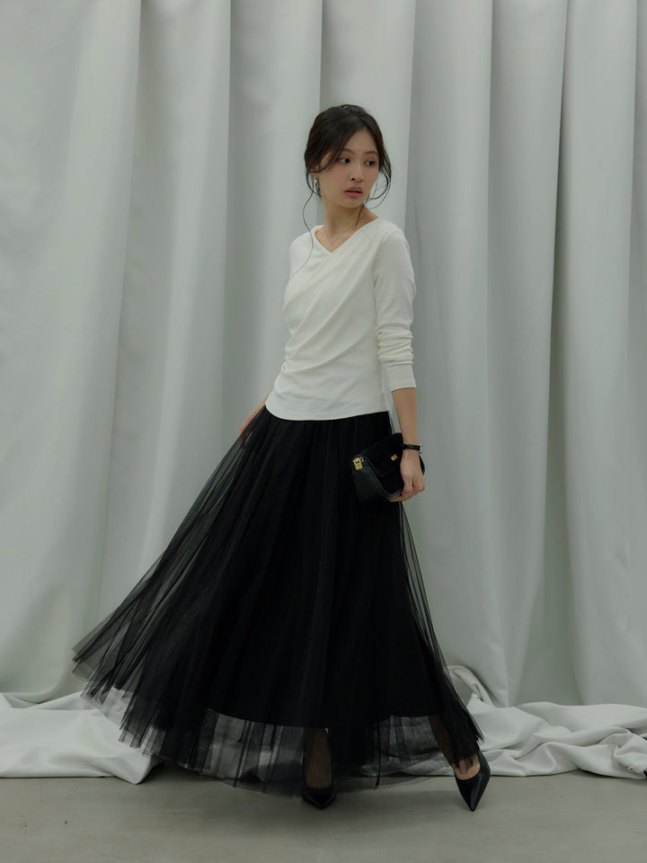 【SET】ドレープデザインカットソー+ボリュームチュールスカート(2set)