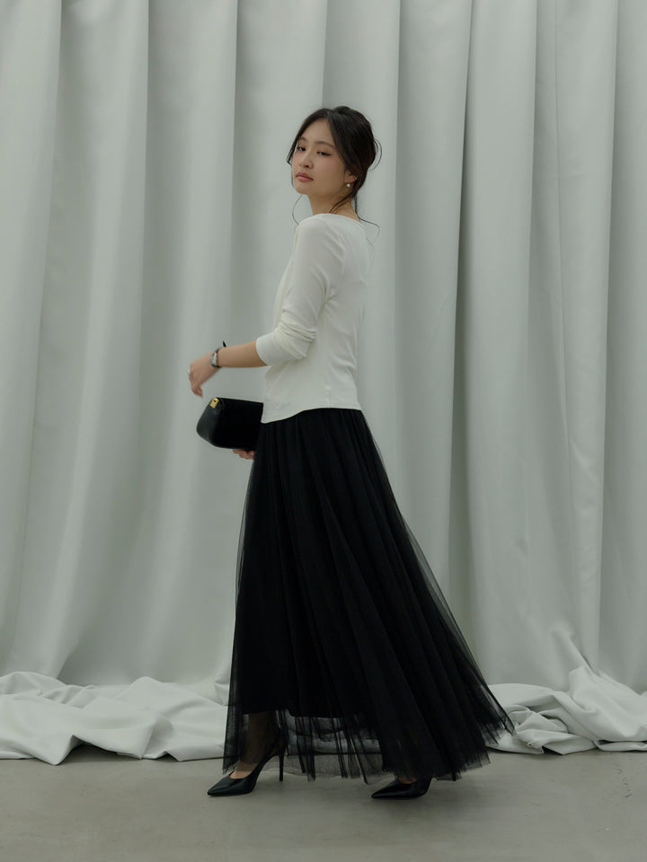 【SET】ドレープデザインカットソー+ボリュームチュールスカート(2set)