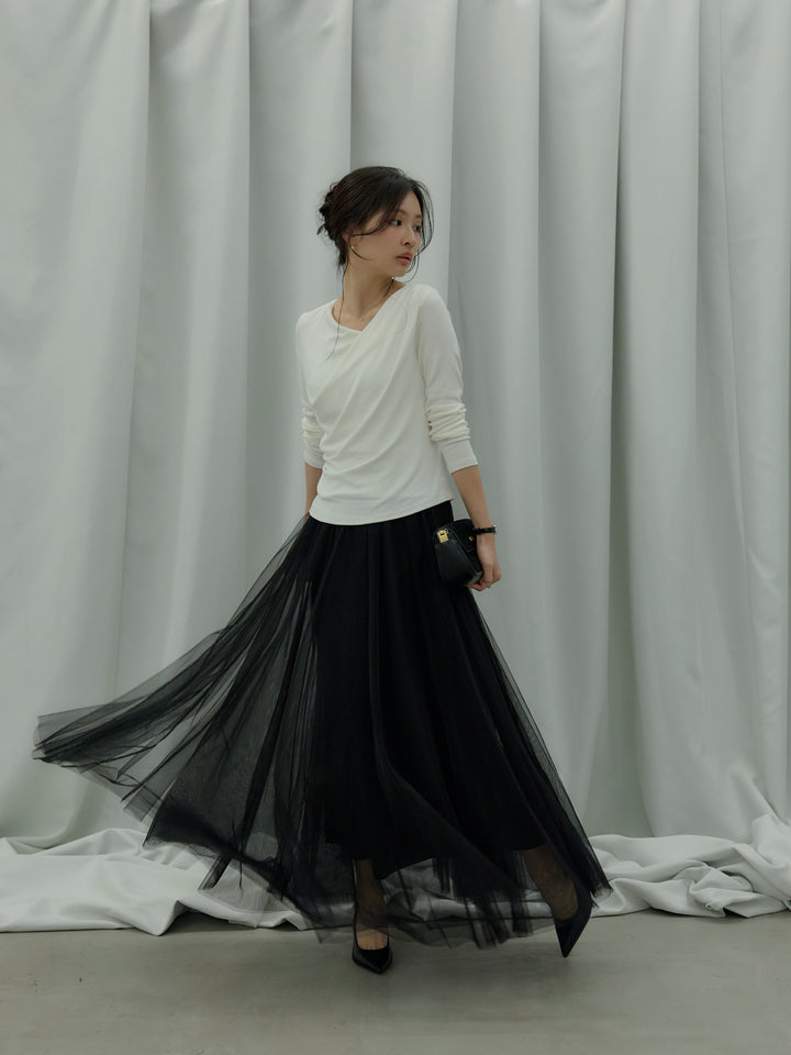 【SET】ドレープデザインカットソー+ボリュームチュールスカート(2set)