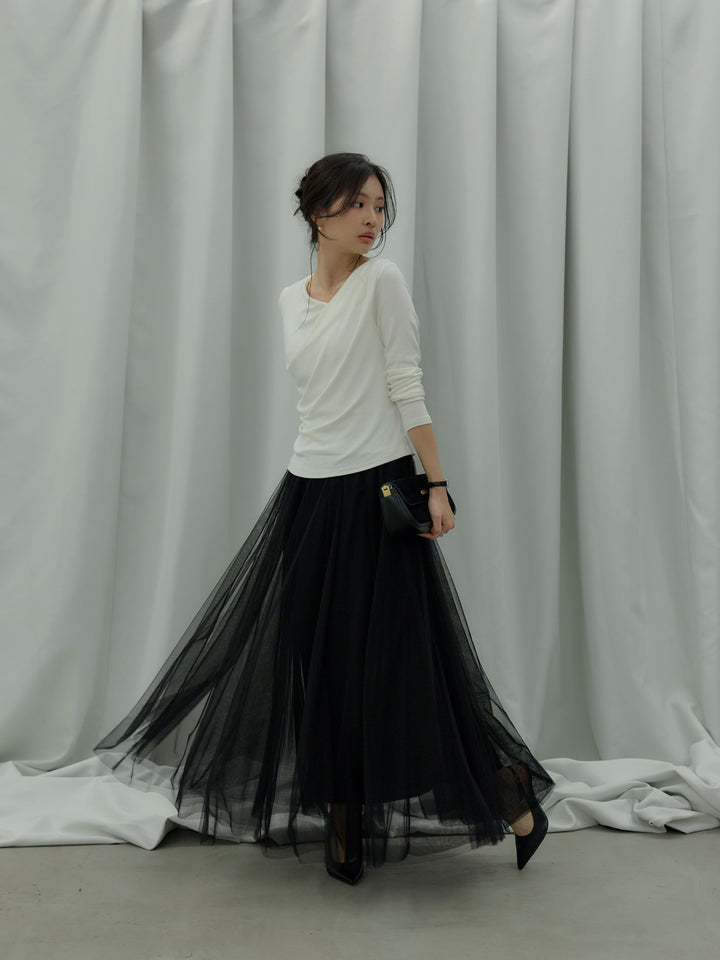 【SET】ドレープデザインカットソー+ボリュームチュールスカート(2set)