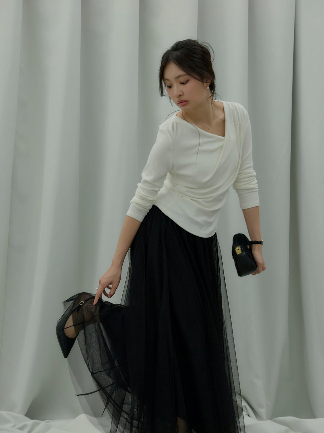 【SET】ドレープデザインカットソー+ボリュームチュールスカート(2set)