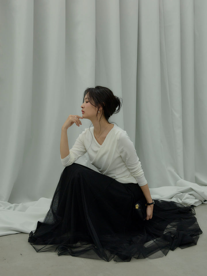 【SET】ドレープデザインカットソー+ボリュームチュールスカート(2set)