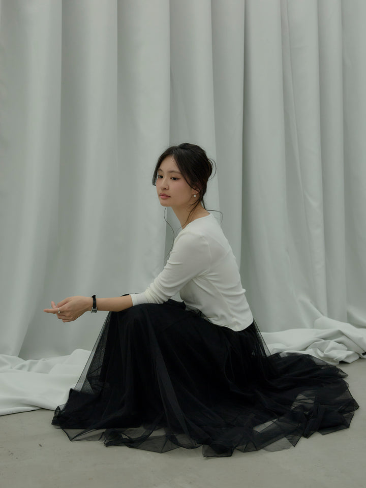 【SET】ドレープデザインカットソー+ボリュームチュールスカート(2set)