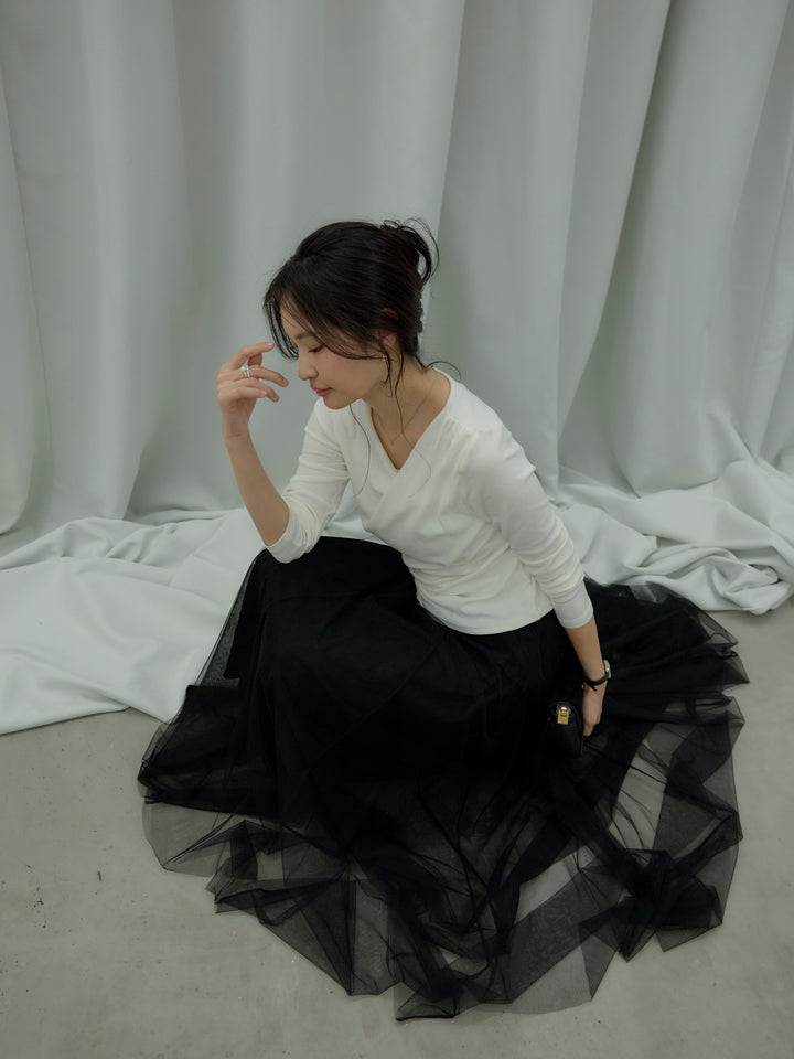 【SET】ドレープデザインカットソー+ボリュームチュールスカート(2set)