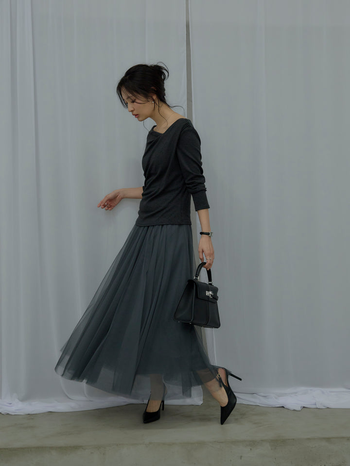 【SET】ドレープデザインカットソー+ボリュームチュールスカート(2set)