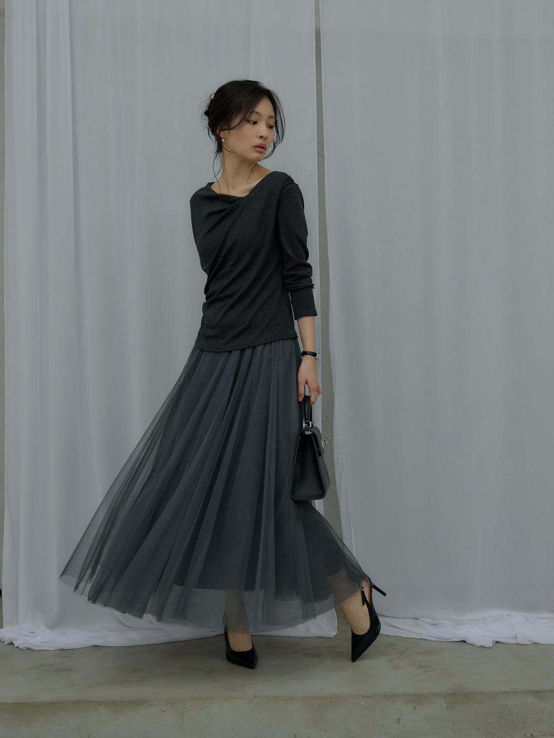 【SET】ドレープデザインカットソー+ボリュームチュールスカート(2set)