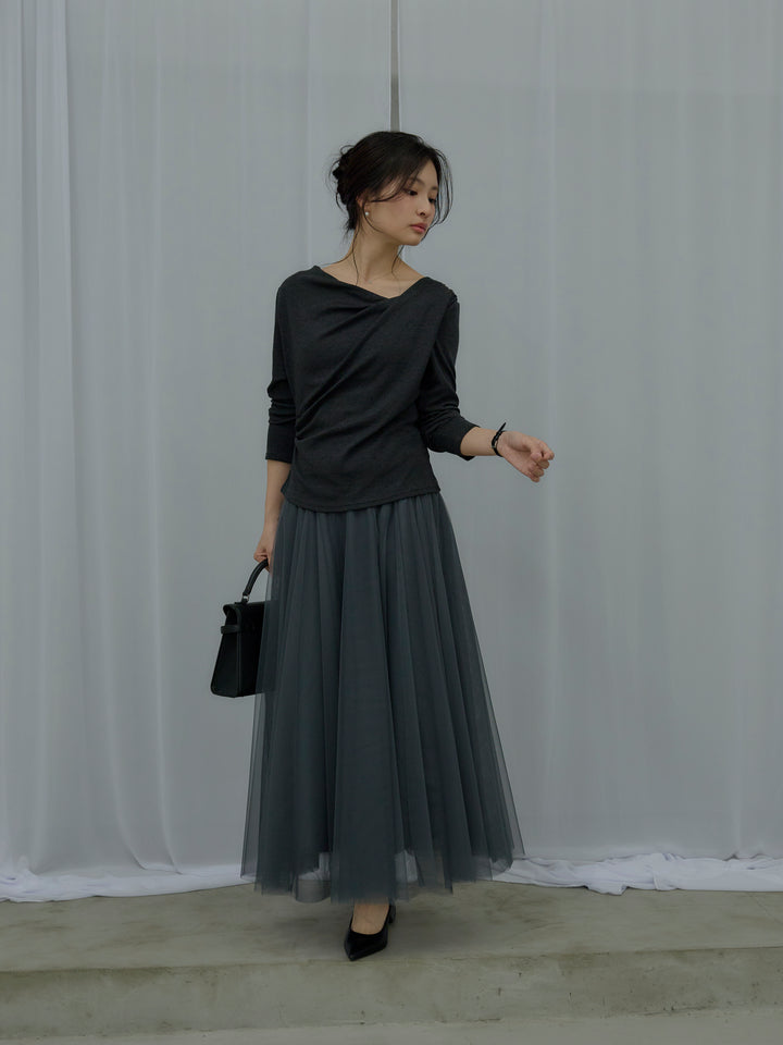 【SET】ドレープデザインカットソー+ボリュームチュールスカート(2set)