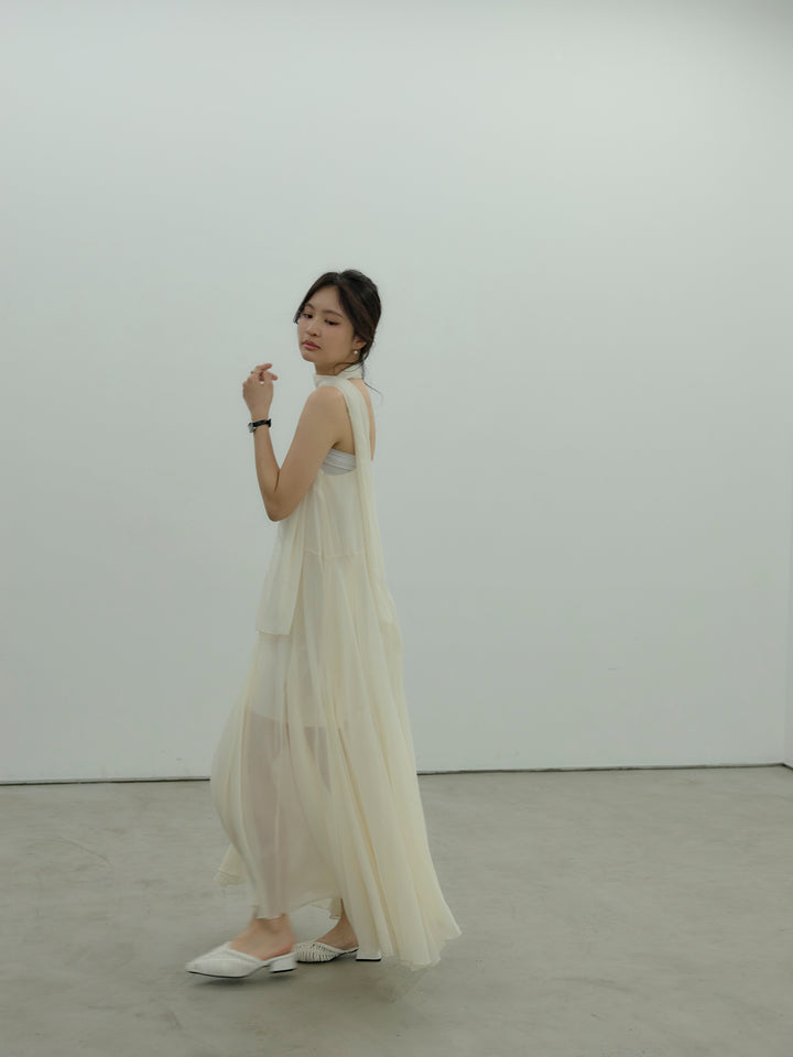 タイ付きシフォンラッフルキャミワンピース