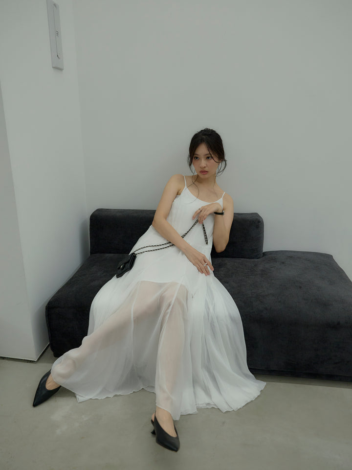 タイ付きシフォンラッフルキャミワンピース