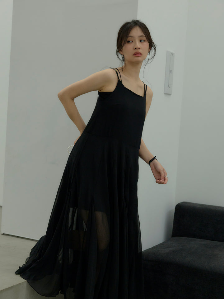 タイ付きシフォンラッフルキャミワンピース