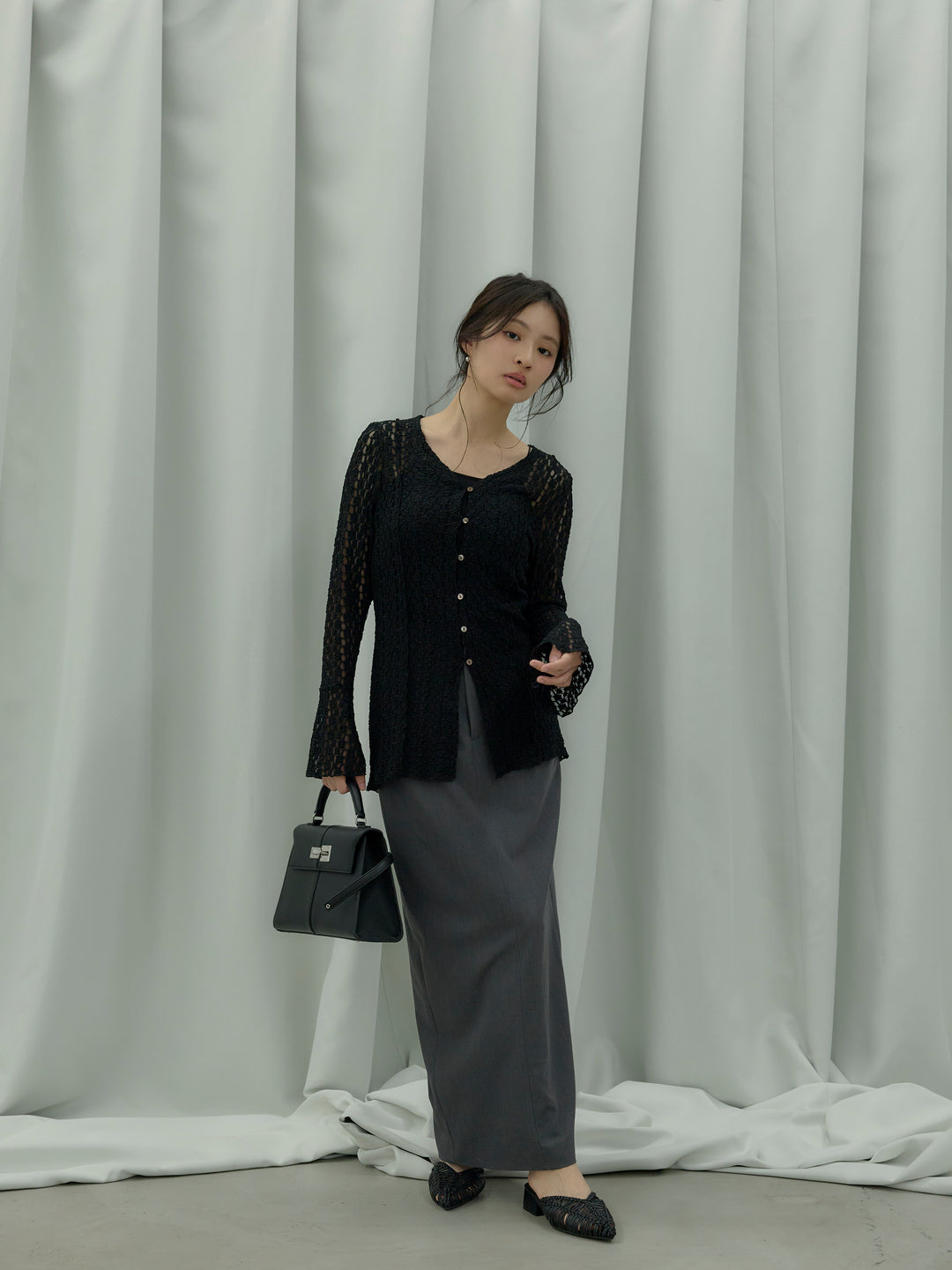 【SET】カットレースVネックカーディガン+【Essential】Authentic pencil skrt(2set)