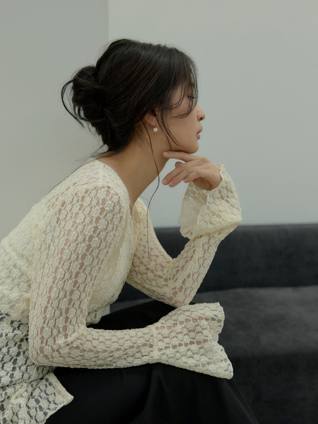 【SET】カットレースVネックカーディガン+【Essential】Authentic pencil skrt(2set)
