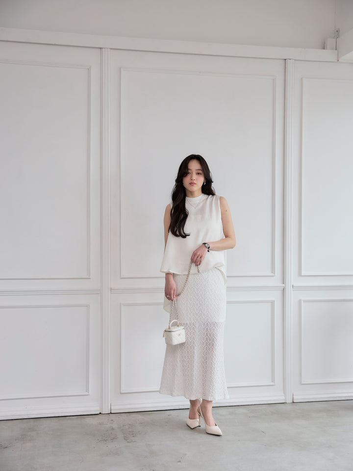 【SET】バックデザインサテンノースリーブトップス+総レースバックスリットスカート(2set)