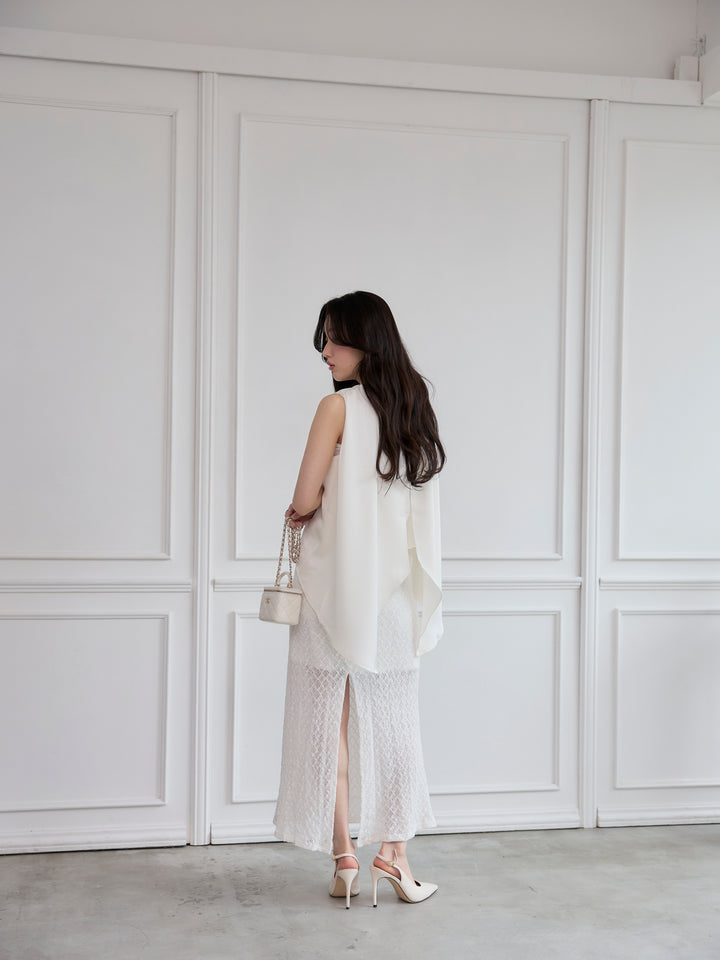 【SET】バックデザインサテンノースリーブトップス+総レースバックスリットスカート(2set)