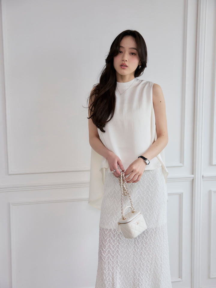 【SET】バックデザインサテンノースリーブトップス+総レースバックスリットスカート(2set)