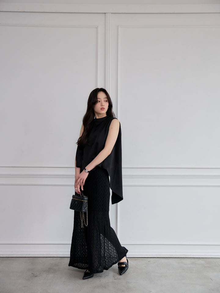 【SET】バックデザインサテンノースリーブトップス+総レースバックスリットスカート(2set)