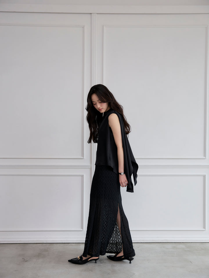 【SET】バックデザインサテンノースリーブトップス+総レースバックスリットスカート(2set)