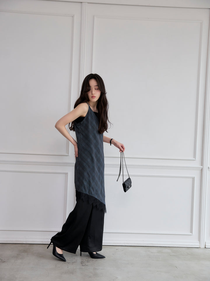 【SET】レースディテールチェックアシメキャミソール+【Essential】センタープレスサテンパンツ(2set)