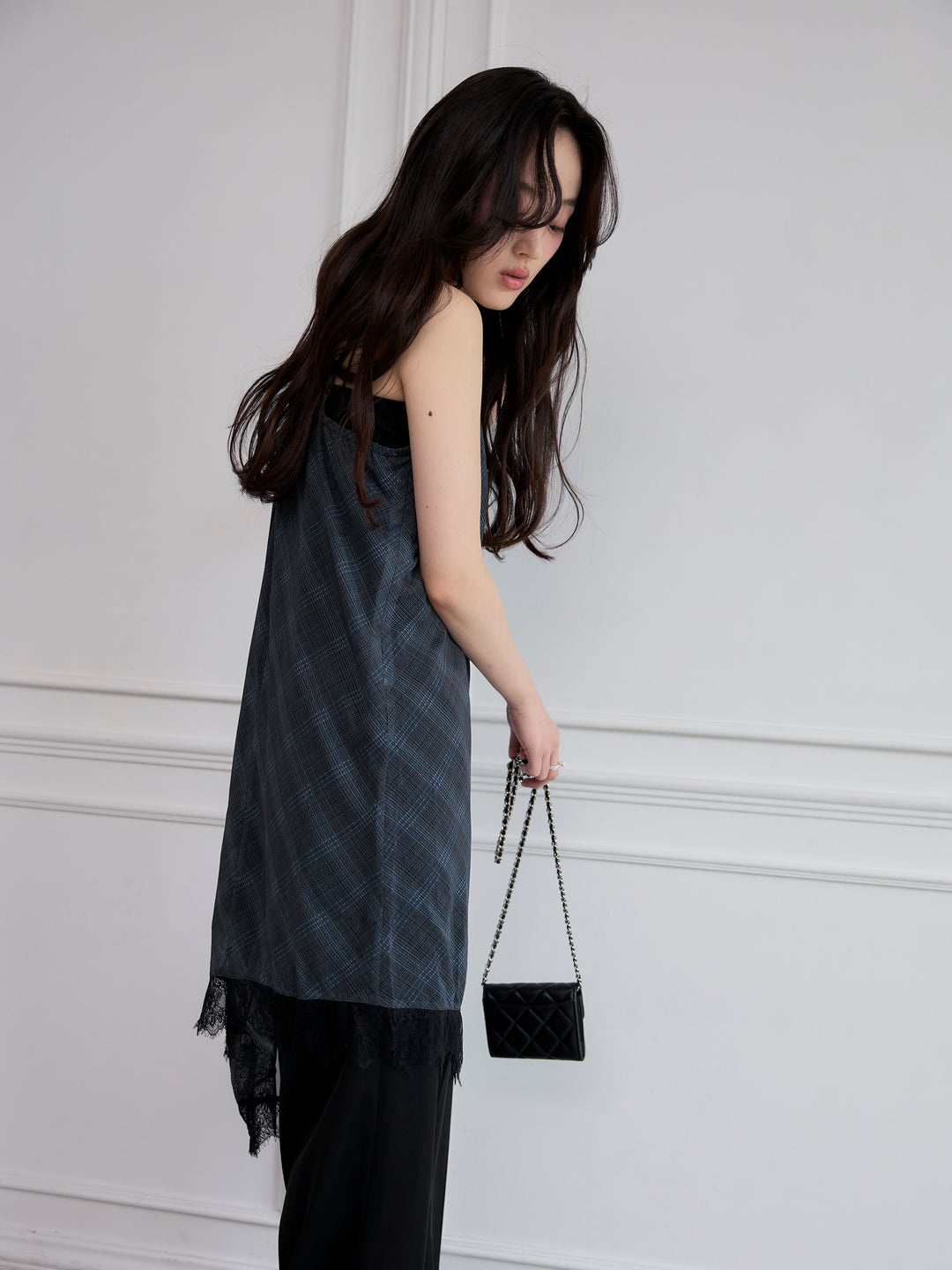 レースディテールチェックアシメキャミソール