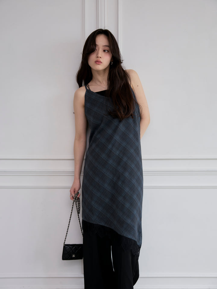 【SET】レースディテールチェックアシメキャミソール+【Essential】センタープレスサテンパンツ(2set)