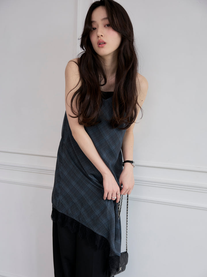 レースディテールチェックアシメキャミソール