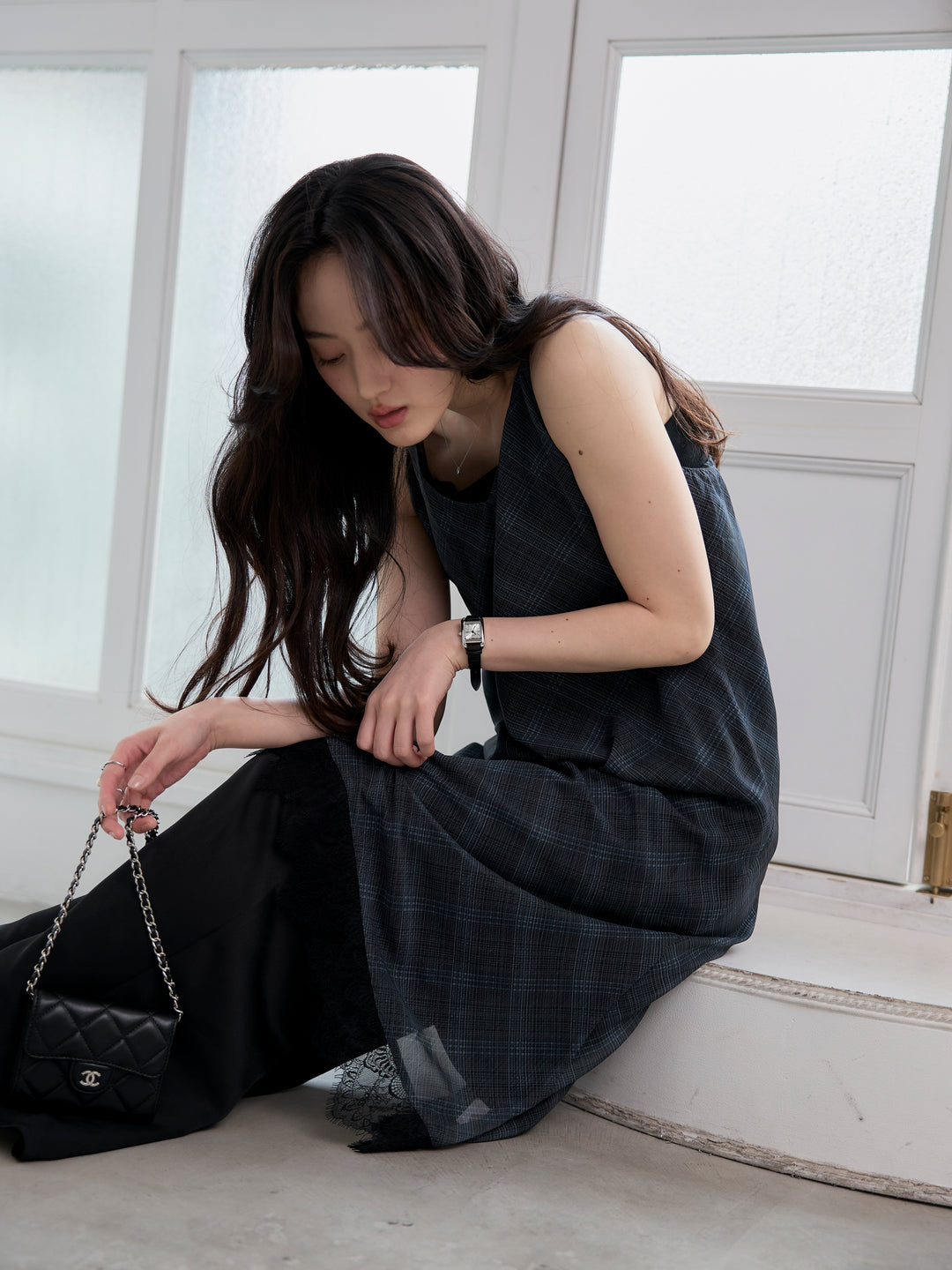 【SET】レースディテールチェックアシメキャミソール+【Essential】センタープレスサテンパンツ(2set)