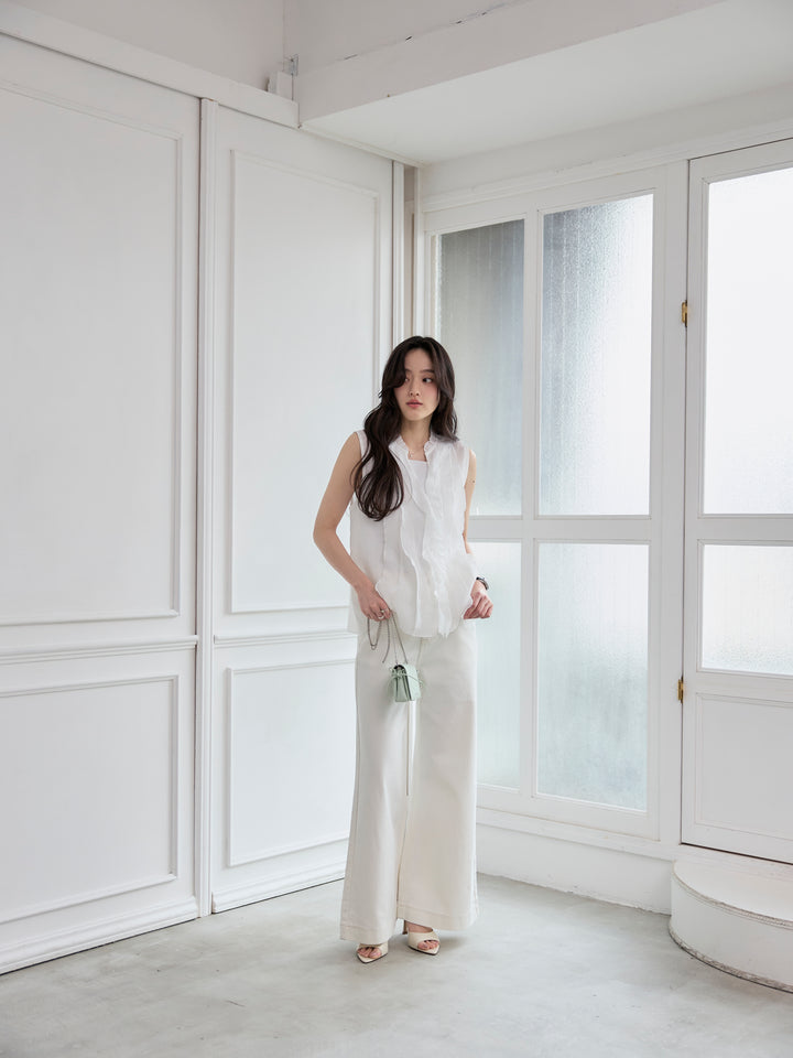 【SET】シアーフリルノースリーブブラウス+コットンフレアデニム(2set)