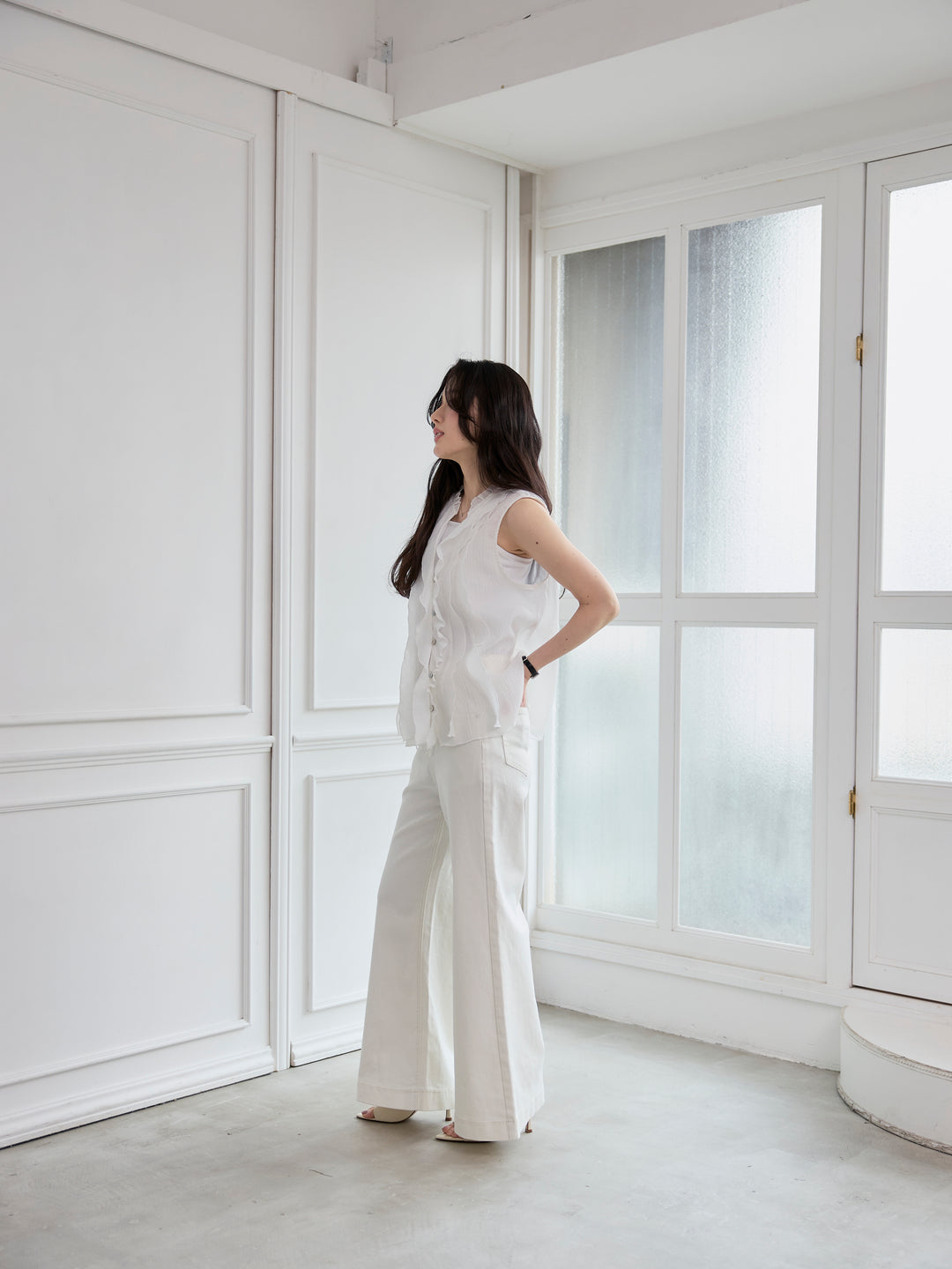 【SET】シアーフリルノースリーブブラウス+コットンフレアデニム(2set)