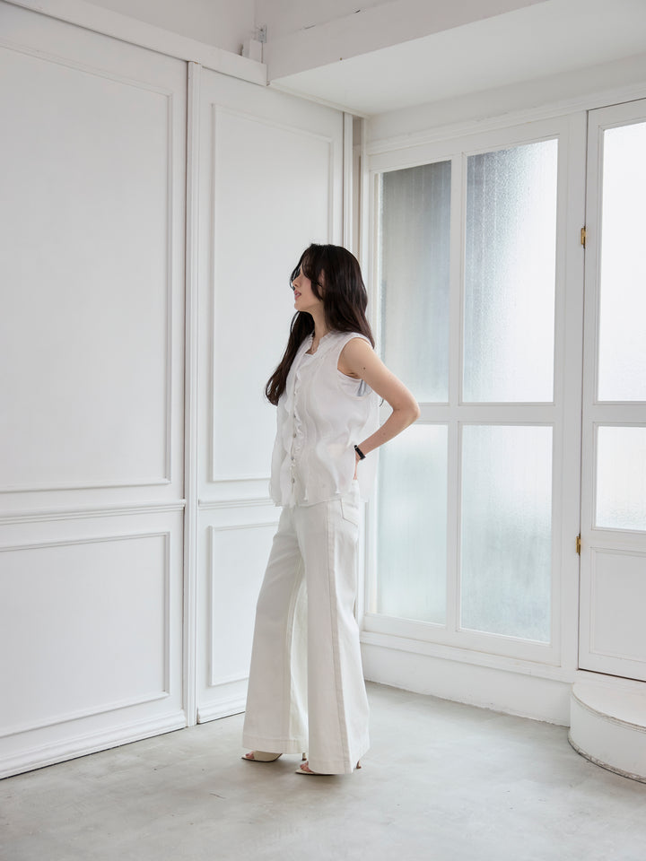 【SET】シアーフリルノースリーブブラウス+コットンフレアデニム(2set)