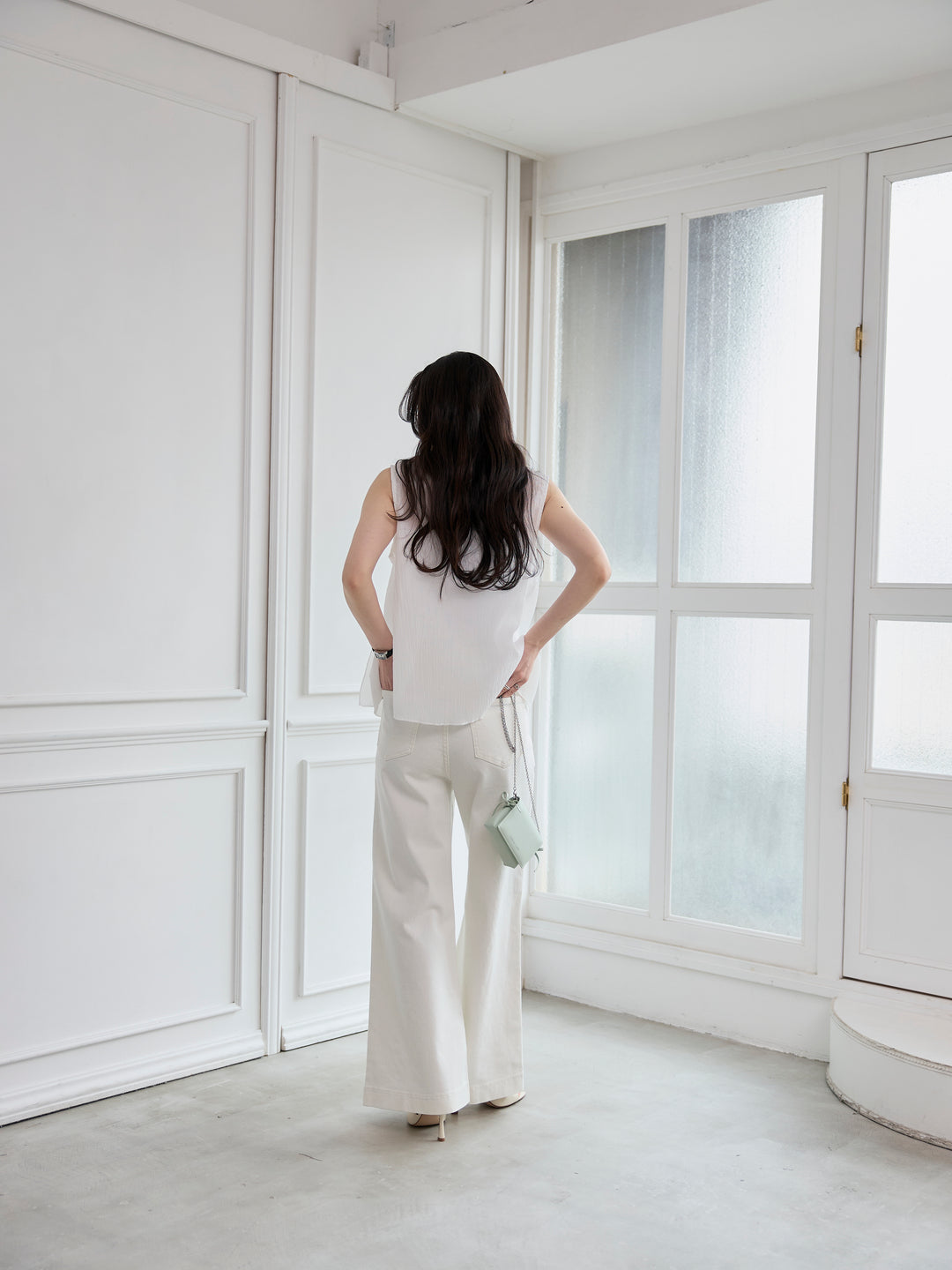 【SET】シアーフリルノースリーブブラウス+コットンフレアデニム(2set)