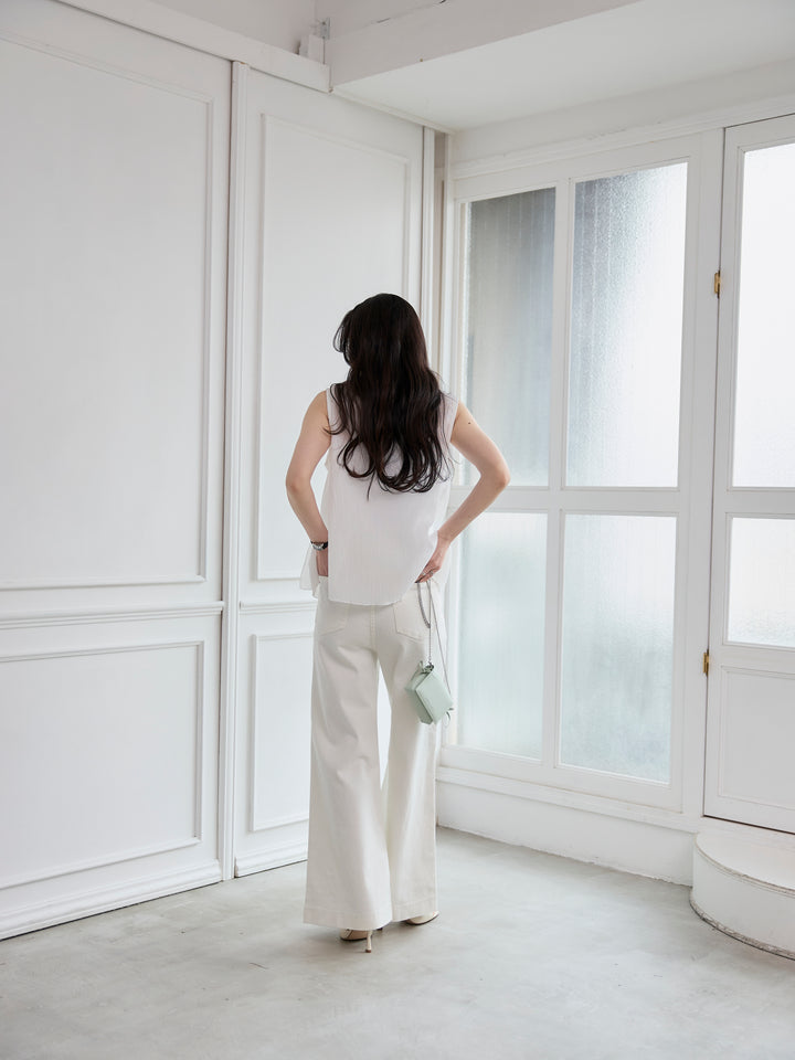 【SET】シアーフリルノースリーブブラウス+コットンフレアデニム(2set)