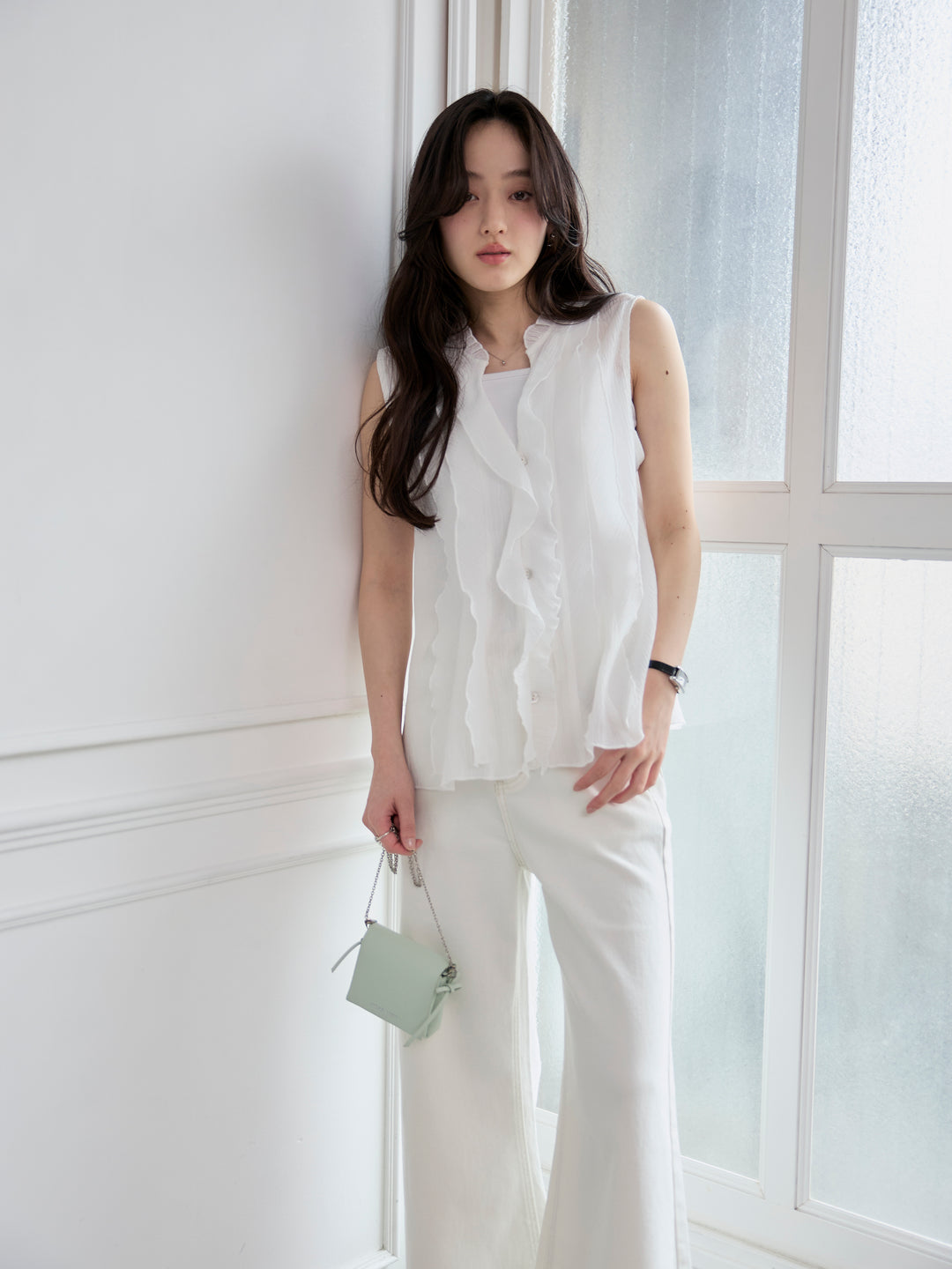 【SET】シアーフリルノースリーブブラウス+コットンフレアデニム(2set)