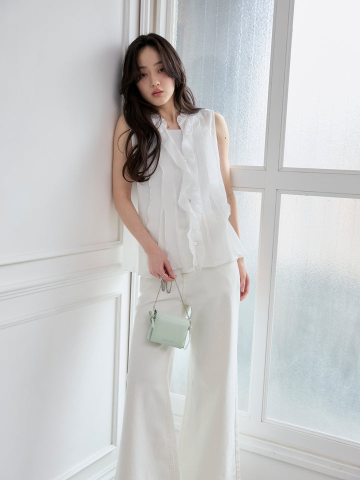 【SET】シアーフリルノースリーブブラウス+コットンフレアデニム(2set)