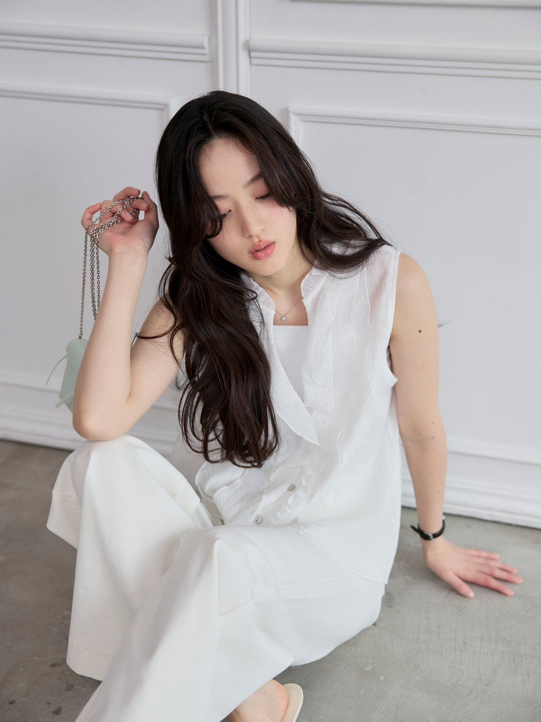 【SET】シアーフリルノースリーブブラウス+コットンフレアデニム(2set)