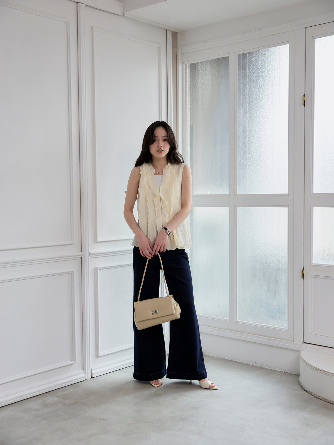 【SET】シアーフリルノースリーブブラウス+コットンフレアデニム(2set)